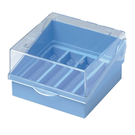 Box/Arkiv för objektglas, makrolon, plats för 100 st objektglas, blå